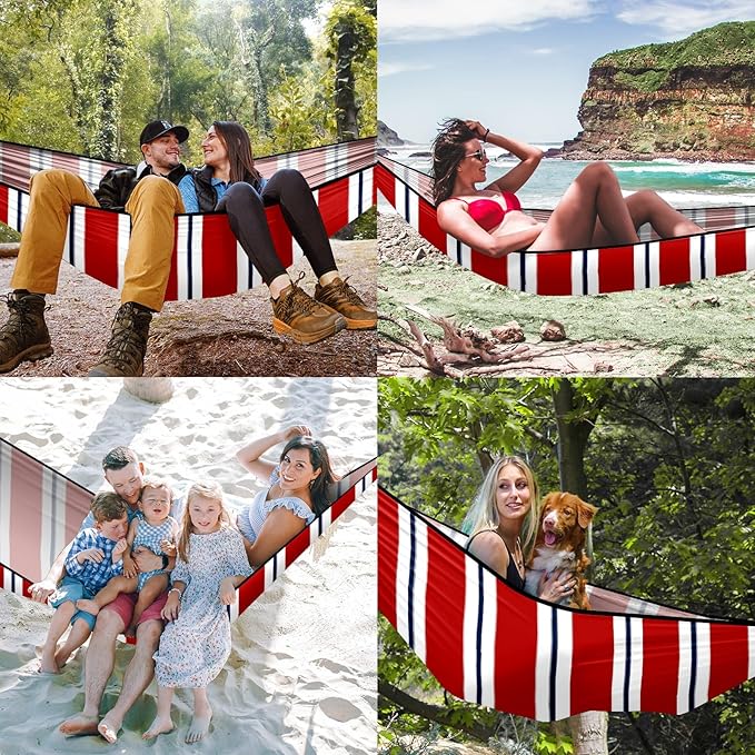 Outdoor Camping Hammock Stripes Red White Double Single Hammocks with 2 Tree Straps Lightweight Portable Heavy Duty Nylon Hammocks for Backpacking Travel Beach Backyard Patio Hiking