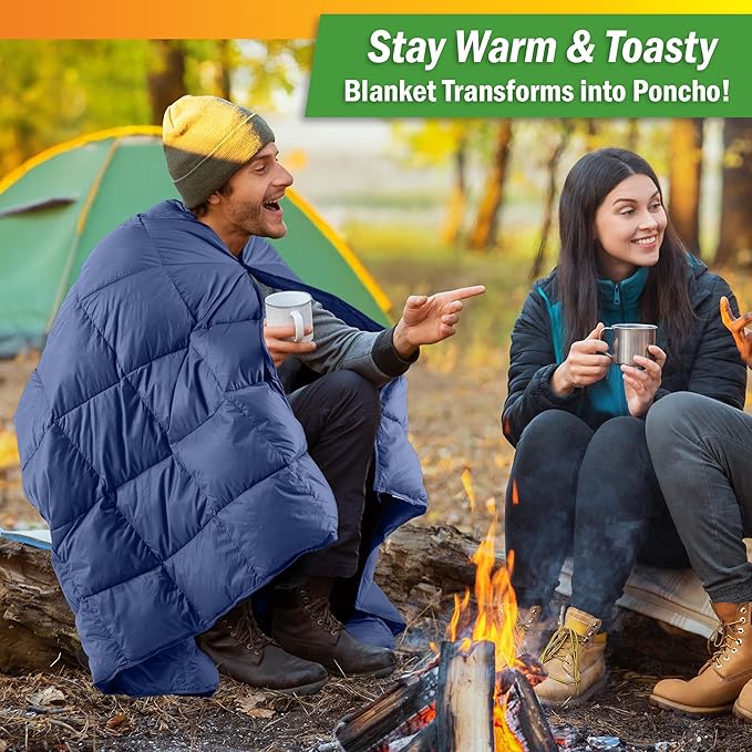 Down Camping Blanket Packable 78x52” Ultralight Compact Travel Blanket with Bag - Puffy Wearable Sleeping Gear for Camp Hiking Backpacking Stadium Festivals or Beach by Wakeman Outdoors (Blue)