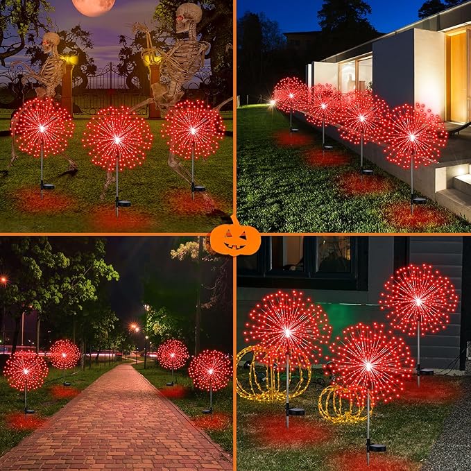 6 Pcs Christmas Solar Firework Stake Lights 180 LED 8 Modes Solar Waterproof LED Sparkler Lights Outdoor Decoration for 4th of July Xmas Holiday Garden Patio Yard Pathway Walkway Red