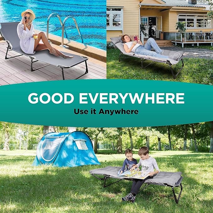 ZONETECH Folding Cot &amp Pad Mattress 4 Position Adjustable Portable Premium Quality for Adult and Kids-Perfect for Camping Travel Patio Beach Indoor &amp Outdoor Activity (3-Pack)