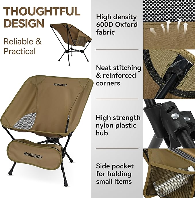 MARCHWAY Lightweight Folding Camping Chair with Spring Lock Stable Compact Portable for Outdoor Camp Travel Beach Picnic Festival Hiking Backpacking (Lowback Khaki)