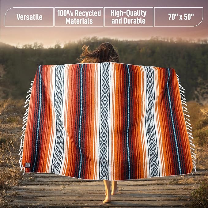 Authentic Large Handwoven Mexican Blanket - Soft Yoga- Durable Serape- Lightweight Falsa Beach Camping Picnic Outdoor Blanket 70x50 - Orange Gold