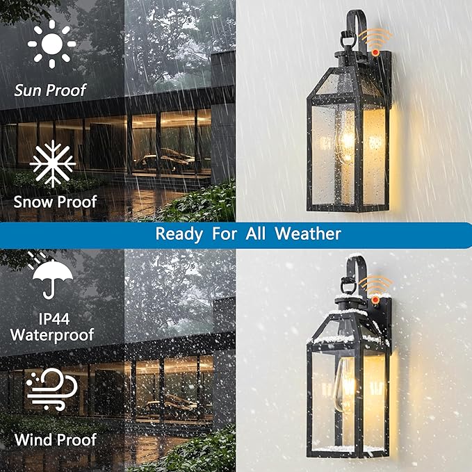 16 Dusk to Dawn Outdoor Wall Light with Sensor - Waterproof Exterior Wall Sconce for Porch Patio Garage Front Door Balcony Entry Modern Hardwired Lantern in Black Metal &amp Glass E26 - 2 Pack