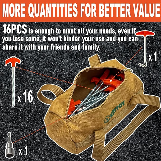 16 Pack Tent Stakes Heavy Duty - 8 Screw in Tent Stakes - Ground Anchors Screw in - Tent Pegs Camping Stakes - Metal Threaded Tent Spikes with 1 Hex Head Driver 1Stopper T Pull Hook and Storage Bag