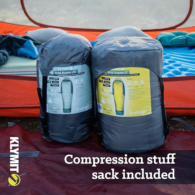 Klymit Sleeping-Bags KLYMIT Wild Aspen Lightweight Mummy Sleeping Bag Best Gear for Cold Weather Camping Hiking Backpacking Pair with Static V Sleeping Pad (Size Regular to XL)