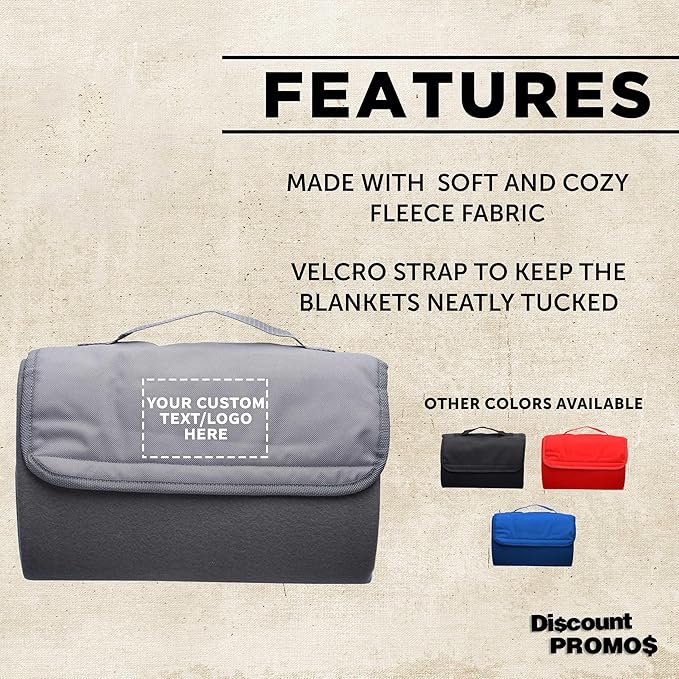 DISCOUNT PROMOS Custom Roll Up Picnic Blankets Set of 10/50/100 Personalized Bulk Pack Great for Camping Picnic Beach Sports Outdoor Activities - Grey