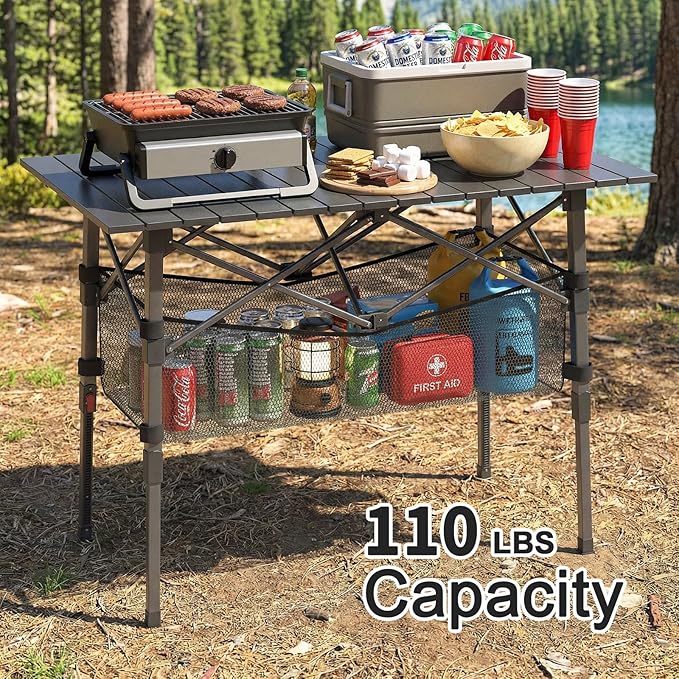 Portable Camping Table with Adjustable Height Legs Lightweight Aluminum Roll-up beach tables for sand foldableFolding Picnic Table Large Storage Basket for Outdoor camping (Black Medium 37)