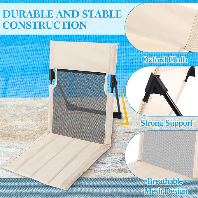 Karenhi 4 Pcs Foldable Poolside Chairs Portable Beach Chair Folding Seat for Edge of Pool Provide Back Support with Carry Bag for Adults Traveling Camping Picnic Lawn(Beige26.8 InchMesh Style)