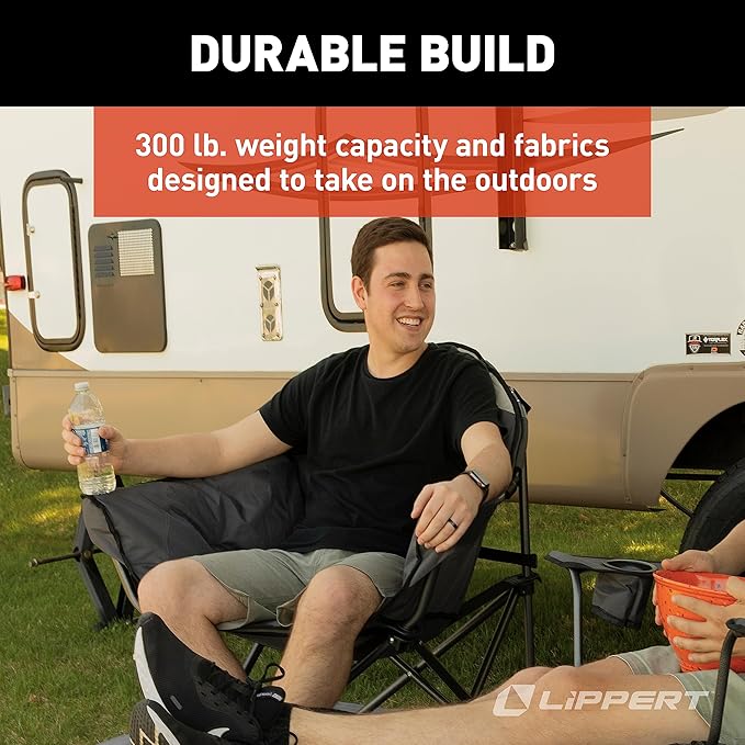 Lippert Big Bear Duotone Camping Chair - Dark Grey with Sand Accent Comfortable Round Shape Oversized Pillow Cushions Powder Coated Steel 600D Polyester Fabric 300 lb. Capacity 2022114817