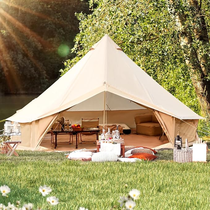 YOLENY Bell Tent Yurt Tent 4/6/8/10 Person 4 Season Waterproof Glamping Tents w/Stove Jack for Family Camping Outdoor Party Glamping Tents for Camping - 10/13.1/16.4FT