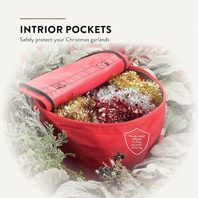 ZOBER Christmas Wreath Storage Container 30 Inch - Wreath Bag Fits 2 Wreaths Box - 600D Oxford Fabric - Interior Compartment for Storing Garlands Wreaths Storage Bag W Strong Durable Handles - Red