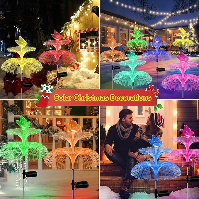6 Pack Solar Garden Lights Gardening Birthday Gifts for Mom Grandma Women Waterproof 7 Color Changing Jellyfish Light with Butterfly Solar Flower Lights for Outdoor Pool Yard Garden Decor