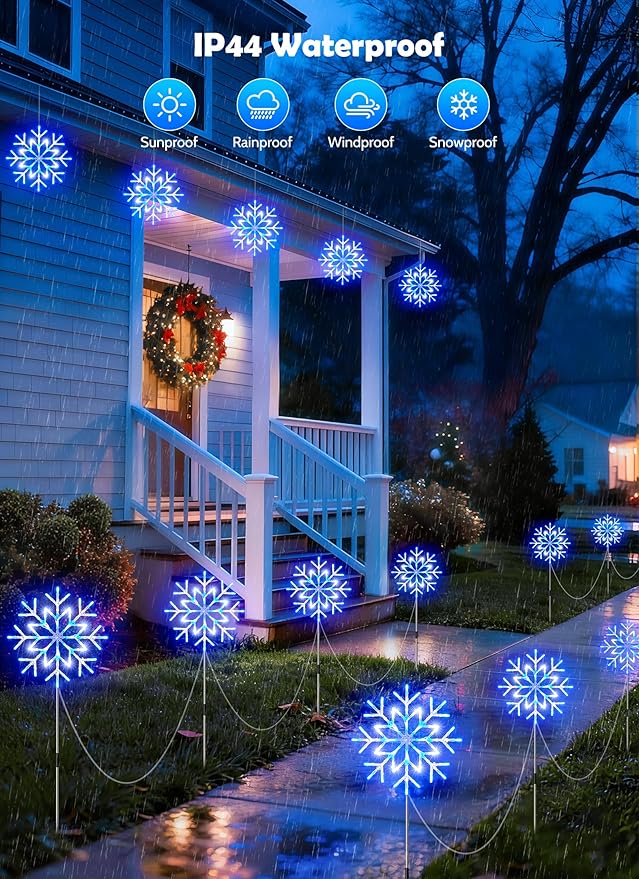 Brightown Snowflake Lights OutdoorTotal 20-Pack Snowflake Christmas Pathway Lights Outdoor Christmas Decorations Yard Sidewalk Walkway Driveway Marker Stake Blue &amp White