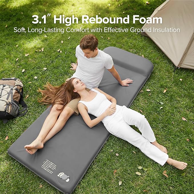 Self-Inflating Sleeping Pad for Camping 3.1 Ultra-Thick Outdoor Camping Mat with Pillow &amp 9.5 R-Value Insulated All-Season Foam Sleeping Pad for Camping Travel Tent Car (Gray)