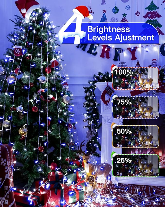 Christmas Lights Outdoor Waterproof 196FT 600LED String Lights with Remote8 Modes LED Lights Plug in Twinkle Fairy Light for Party Holiday Decor (Blue+White)