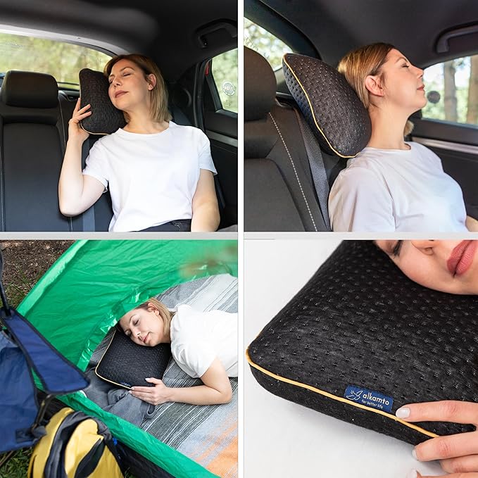 alkamto Travel &amp Camping Comfortable Memory Foam Pillow – Easy to Carry Portable Bag – Temperature Regulating Pillow Case (Black)