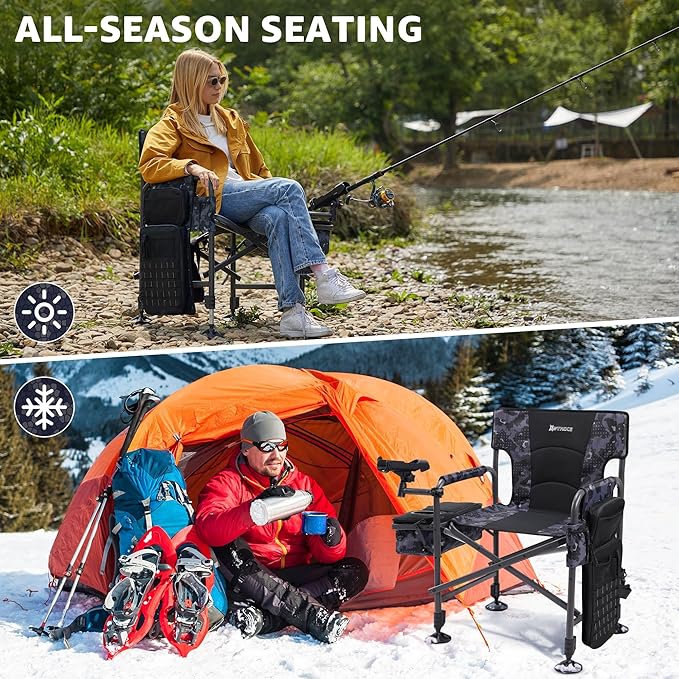 X Strike Heated Fishing Chair with Rod Holder Cooler Bag Storage Bag Shoulder Strap and Adjustable Feet 350LBS Heavy Duty Folding Ice Fishing Chair for Adults Outdoor Camping (Battery Not Included)