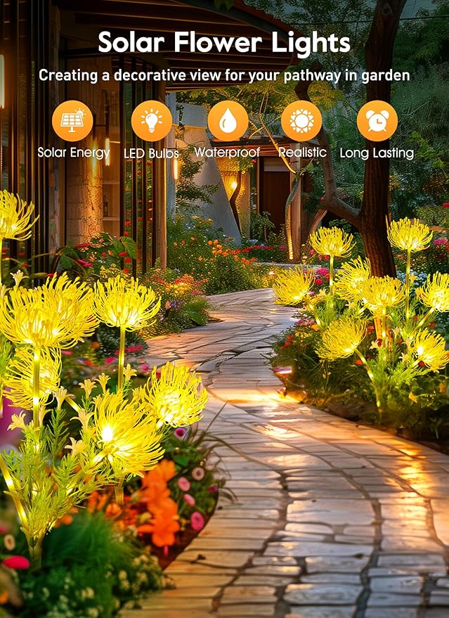 Brightown Outdoor Solar Garden Lights - 4 Pack LED Solar Flower Lights with Glowing Flowers &amp Stems More Realistic Bigger Solar Panel Waterproof Solar Lights for Outside Yard Patio Home Yellow
