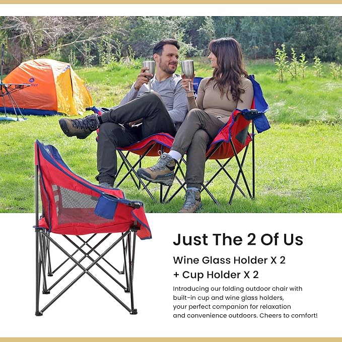 ARROWHEAD OUTDOOR 2-Pack Portable Folding Camp Loveseat Chair w/Glass &amp Cup Holders Heavy Duty Carry Bag 650 lbs Weight Capacity