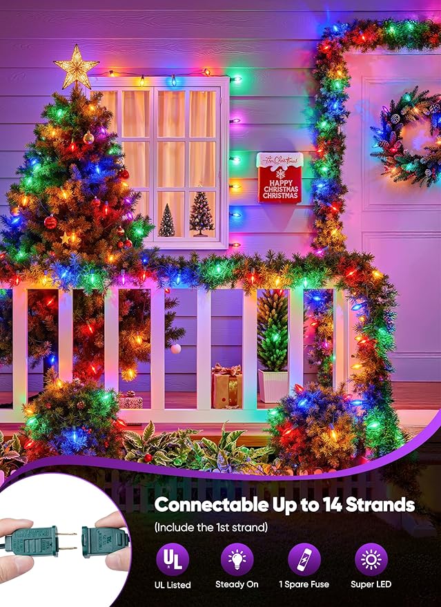 Vintage C9 LED Christmas Lights Outdoor - 50 Feet String with 50 Colored Bulbs Waterproof Connectable Lights for Holiday Party Roofline Backyard Garden Patio Green Wire