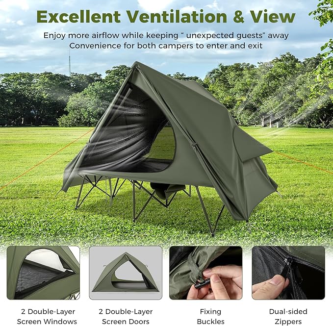 GYMAX 2-Person Camping Cot Tent Foldable Off-Ground Cot Bed Combo with Portable Wheeled Bag Waterproof Rainfly 2 Mesh Doors &amp Skylight Roof for Adults Hiking Backpacking Outdoor