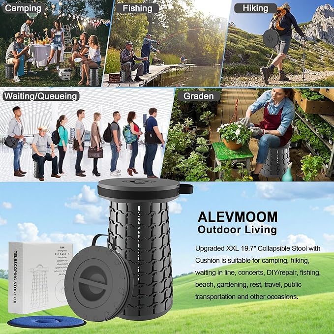 ALEVMOOM Upgraded XXL 19.7 Collapsible Stool with Cushion Heavy Duty Portable Folding Stool Max Load 1000 lbs Retractable Telescoping Foldable Seat Chair for Camping Fishing Travel