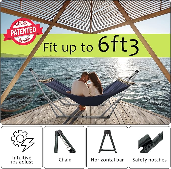 Tranquillo Ultimate Relaxation Portable Hammock Stand Foldable Hammock Stand with Canvas Hammock Spreader Bar Quick Fold Unfold in 30 Seconds Steel Frame Hammock 600 lbs Capacity White/Navy