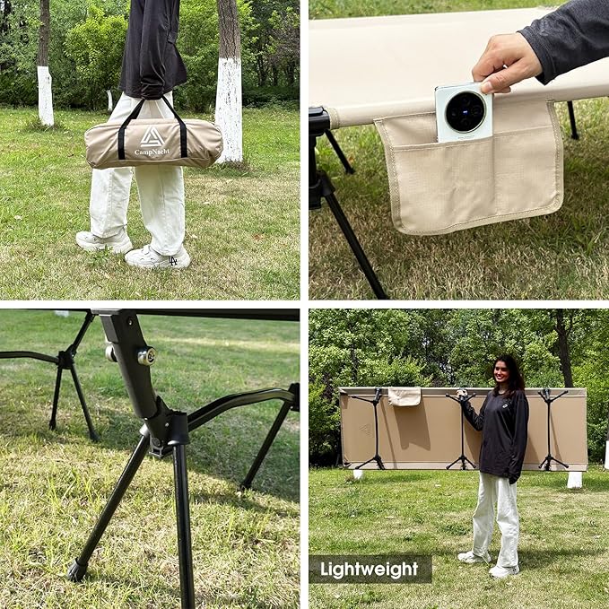 CAMPNACHT Ultralight Camping Cot with Leg Extenders Aluminum Lightweight Folding Cot for Adults Portable Backpacking Compact Tent Cot for Outdoor Hiking 1 Pack with 2 Use Modes Khaki