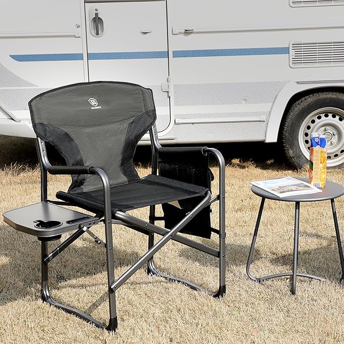 EVER ADVANCED Aluminum Lightweight Folding Director Chair 350lbs Heavy Duty Camping Chair with Side Table &amp Storage 19 Joint-Friendly Height Easy to Stand Portable Makeup Artist &amp Vendor C