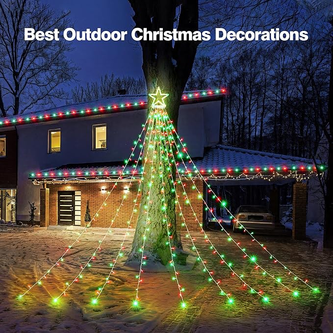 BlcTec Outdoor Christmas Decorations 317 LEDs Christmas Lights with 9 Strands 11.9ft Waterfall Christmas Tree Lights 8 Modes Waterproof Topper Star &amp Timer for Yard Patio Xmas Décor Red Green