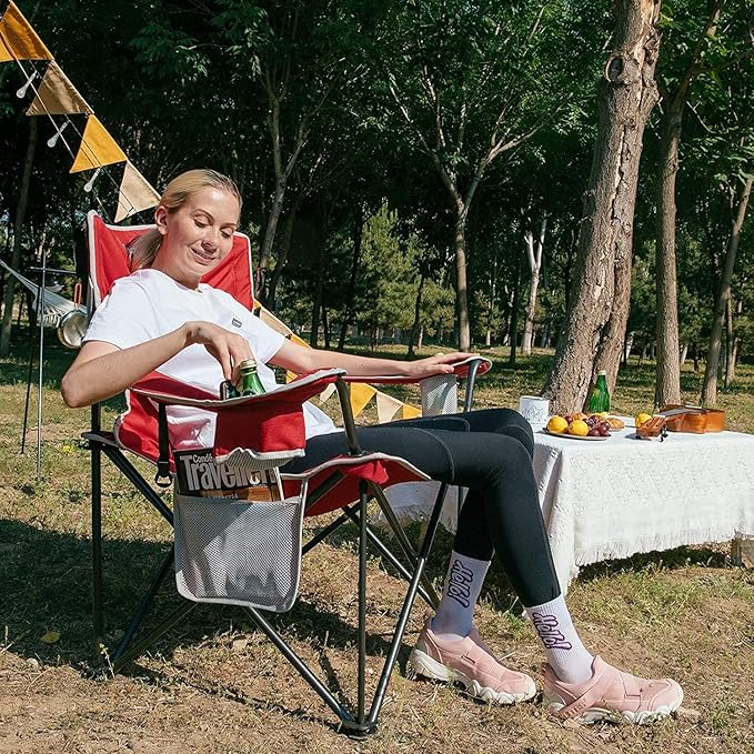 KingCamp Oversized Camping Chair Portable Folding Outdoor Chairs with Comfortable Padded Seat Side Pocket and Cup Holder for Fishing Tailgates Beach Lawn RED