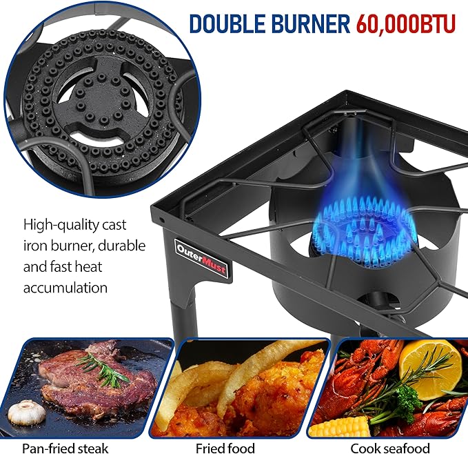 2 Burner Propane Gas Stove with 0-3 PSI Adjustable Regulator and Removable Legs Gas Burners for Cooking Perfect for Home Brewing Seafood Boil and Camping