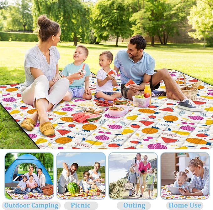 Poedist Extra Large Picnic Blanket Waterproof80x 80Foldable Machine Washable Beach BlanketOutdoor Blanket for 6-8 AdultsSuitable for Indoor CrawlingPark BeachCampingHikingFamily Travel(Fruit