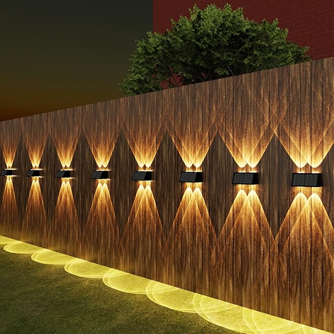 8-Pack Solar Fence Lights Up &amp Down Lighting 50LM/25LM 4 Modes (3000K/6500K) IP65 Waterproof 1200mAh Battery Screw/Adhesive Mount for Garden Wall Path Deck