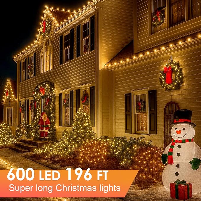 Christmas Lights 600 LED 196FT IP67 Waterproof Christmas Tree Lights with 8 Modes Outdoor String Lights with Timers &amp Memory Function Xmas Light for Holiday Decor (Warm White)