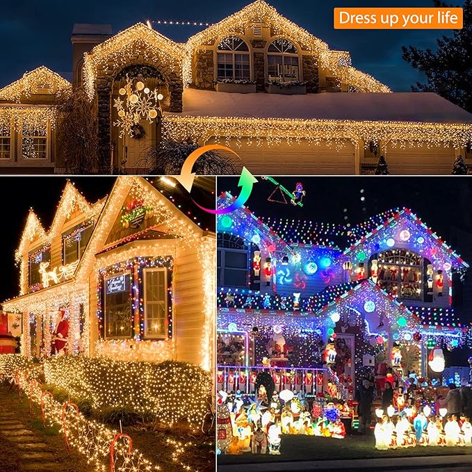 Brizled Christmas Icicle Lights 29ft 360 LED Outdoor Icicle Lights Color Changing with Remote 11 Function Connectable Christmas Lighting Warm White &amp Multicolor Xmas Lighting for Xmas Home Weddi
