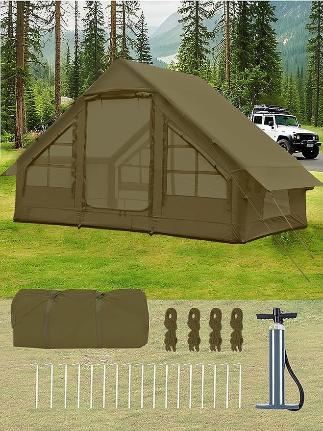 Inflatable Tents with Hand Pump Hot Tent with Stove Jack Easy Blow Up Glamping Tent with Mesh Windows 4-6 Person Instant Family Camping Tents Waterproof for 4 Seasons