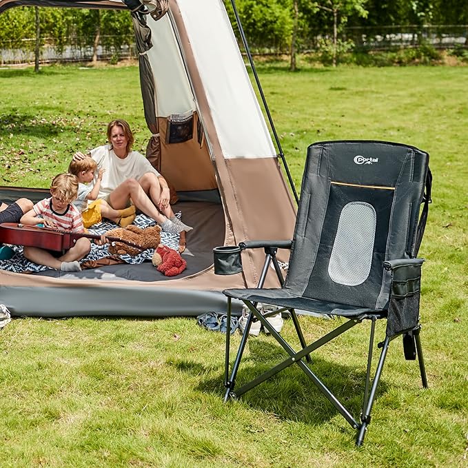 PORTAL Oversized Folding Camping Chair High Back Portable Lawn Chairs for Adults Outdoor Sports with Hard Armrest Cup HolderSupports 400LBS Black