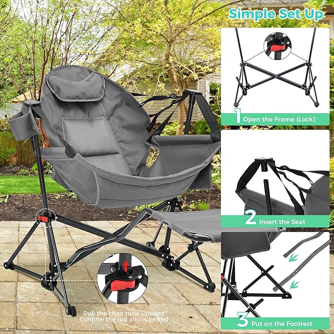 Ainfox Hammock Camping Chair with Footrest Foldable Portable Rocking Chairs for Adults Outside Swinging Camp with Cup Holder Pillow for Outdoor Patio Poolside (Dark Grey)