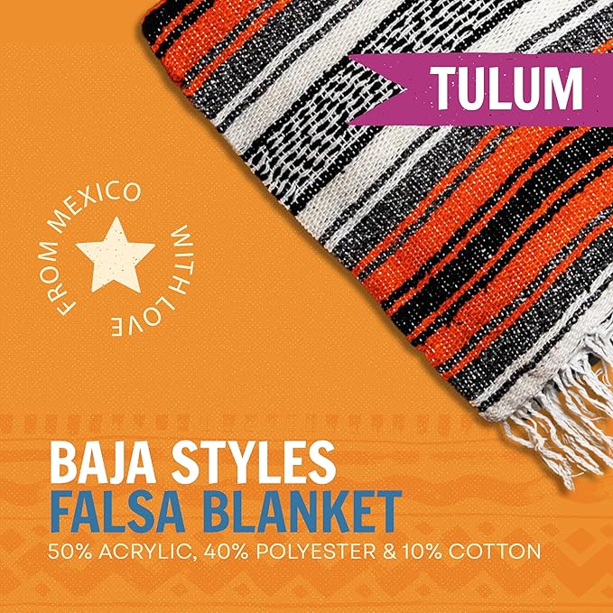 Large Mexican Blanket in Orange — Handcrafted Serape Falsa Yoga Blanket (73” x 48”) – Durable Throw for Camping Beach &amp Outdoor Use – Artisan Craft Made in Mexico from Recycled Fibers