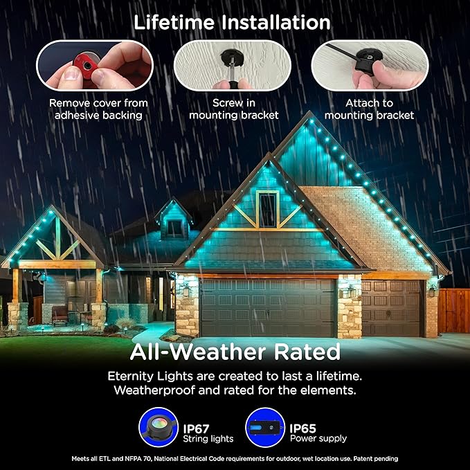 Enbrighten Vibe Eternity Permanent Outdoor Lights for House 100 Feet 72 RGBWIC LEDs Close Spacing 33lm Color Changing Christmas Eave Lighting Smart App Works with Alexa Google Home 82730