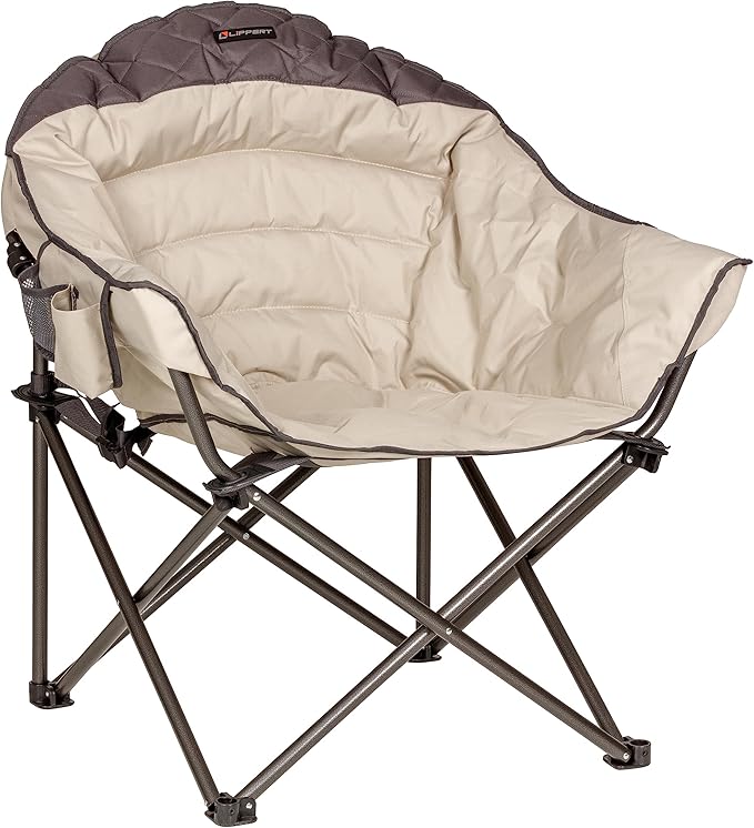 Lippert Big Bear Duotone Camping Chair - Sand with Dark Grey Accent Comfortable Round Shape Oversized Pillow Cushions Powder Coated Steel 600D Polyester Fabric 300 lb. Capacity 2022114816