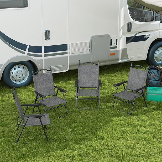 Outsunny Folding Patio Chairs Set of 4 Sports Chairs for Adults Camping Chairs with Armrests Breathable Mesh Fabric Seat for Lawn Gray