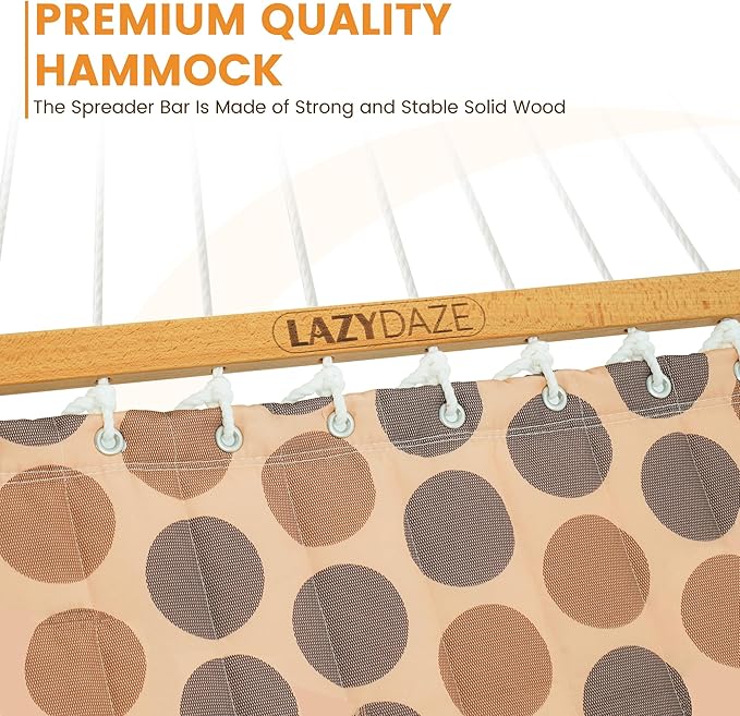 Lazy Daze Hammocks 12FT Quilted Fabric Hammock with Soft Pillow Double 2 Person Tree Hammock with Spreader Bar for Outside Patio Poolside Backyard Beach 450 lbs Capacity Amber Dots