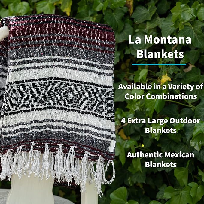La Montana Mexican Blankets and Throws 4 Pack 74x50 - Made in Mexico Lightweight Yoga Blanket for Schools Studios Outdoors Camping Picnic Decor - Machine Washable Burgundy/Charcoal/White
