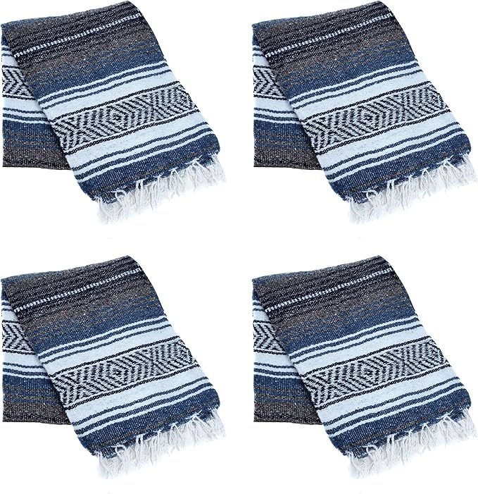 La Montana Mexican Blankets and Throws 4 Pack 74x50 - Made in Mexico Lightweight Yoga Blanket for Schools Studios Outdoors Camping Picnic Decor - Machine Washable Slate Blue/Charcoal/White