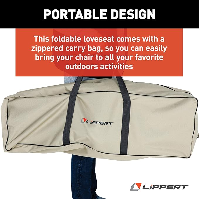 Lippert Big Bear Sand Folding Camping Loveseat with 500-lb. Weight Capacity Durable Mesh Fabrics High-Loft Cushioning Dual Cupholders Storage Pocket Zippered Carrying Bag - 2023053718