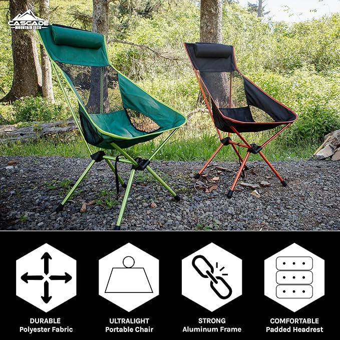 Cascade Mountain Tech Outdoor High Back Lightweight Camp Chair with Headrest and Carry Case - Green