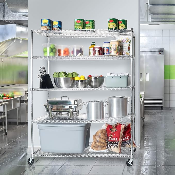 Seville Classics UltraDurable Heavy Duty NSF Solid Steel Wire Rack Storage Unit Wheels 5-Tier Shelving 60 W x 24 D