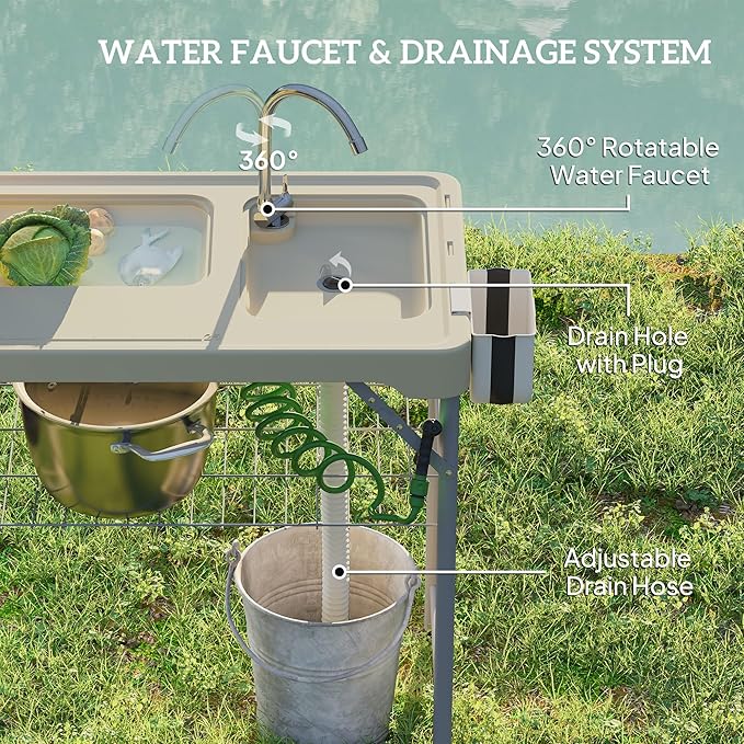 Outsunny Folding Fish Cleaning Table with Sinks Portable Camping Sink Table with Faucet Drainage Hose Sprayer Shelf Drawer and Storage Basket Outdoor Fillet Table for Picnic Beach Patio Tan